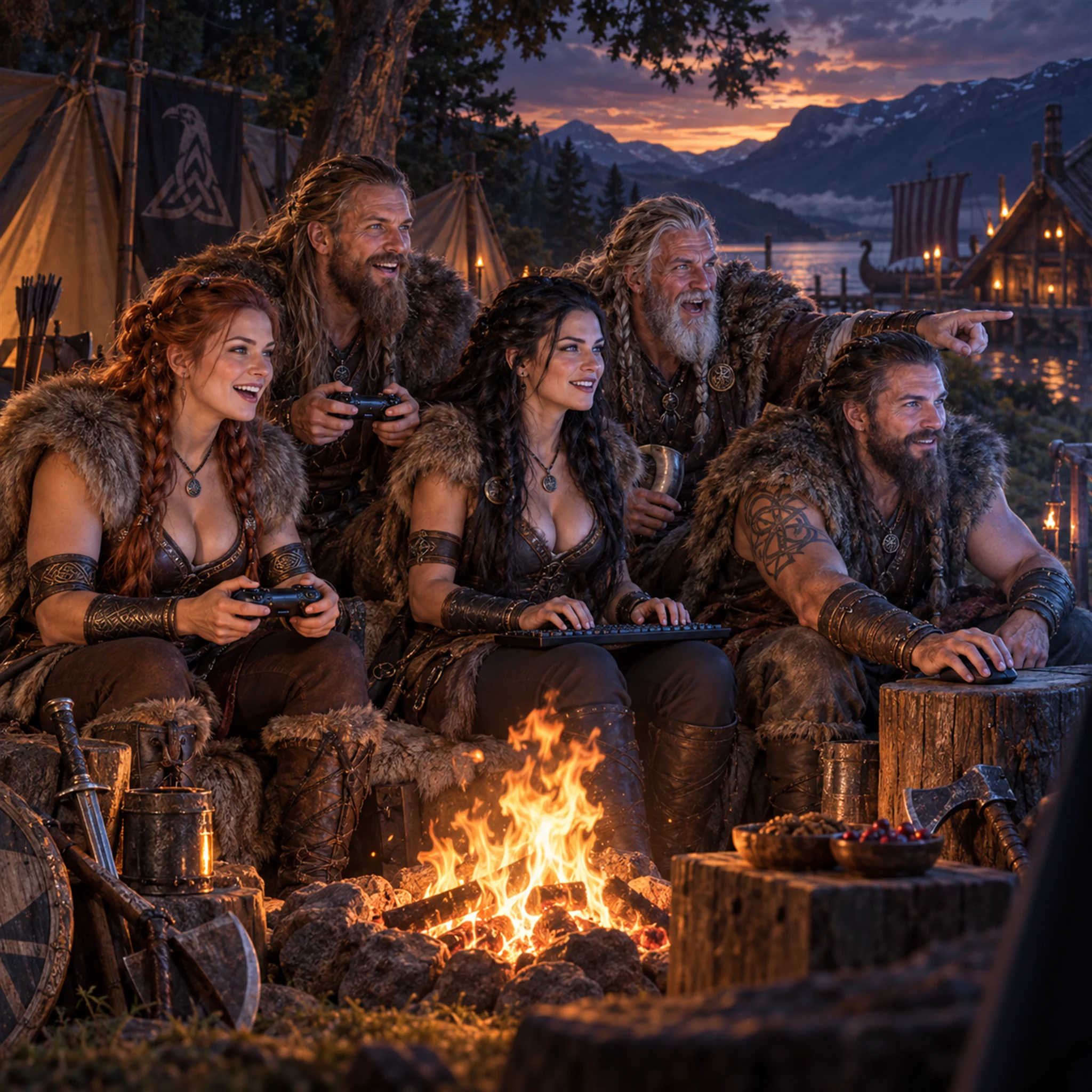 Erwachsene Wikingerinnen und Wikinger spielen gemeinsam am Lagerfeuer